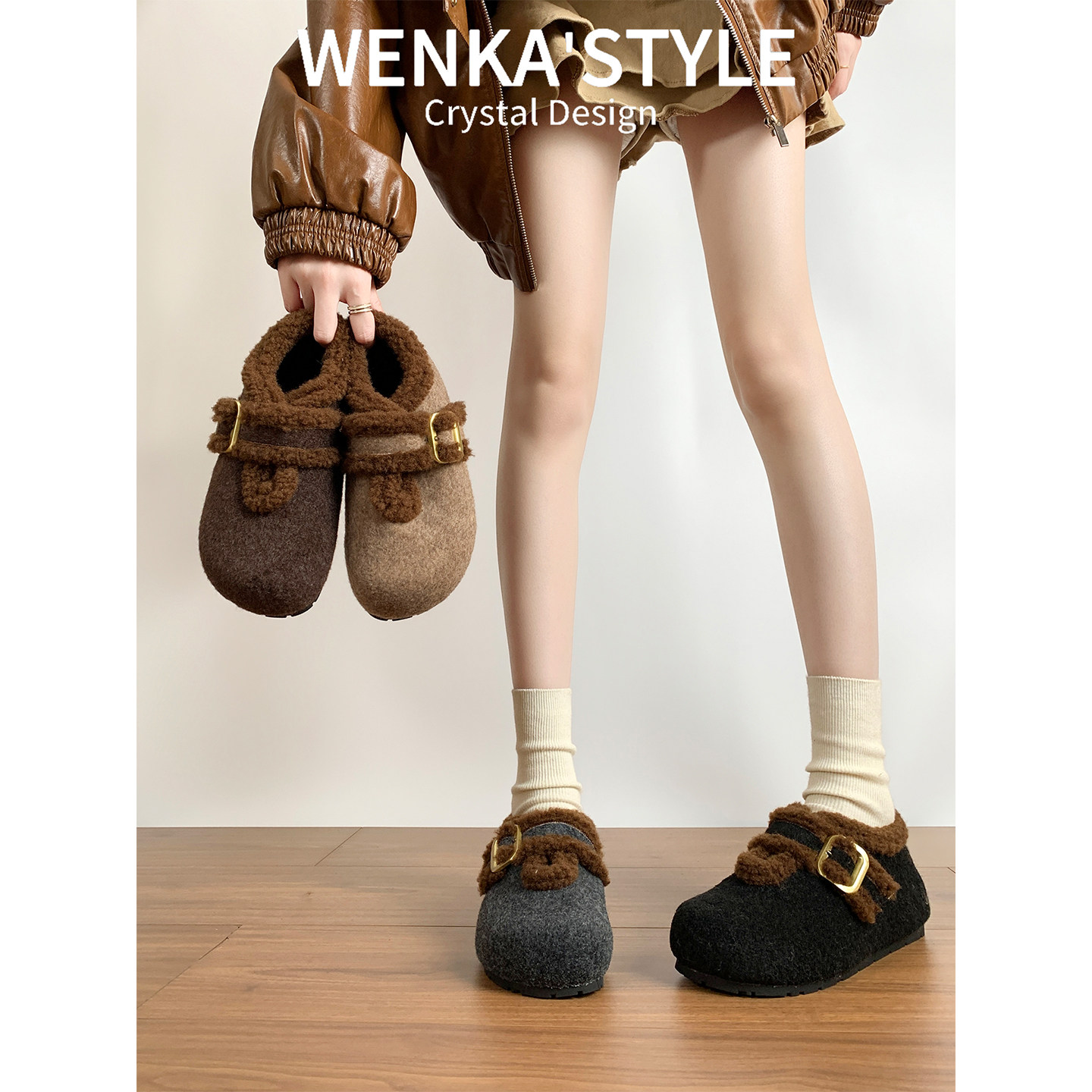 厚底内增高加绒全包勃肯鞋女鞋子2025新款冬季拼色雪地靴毛绒棉鞋