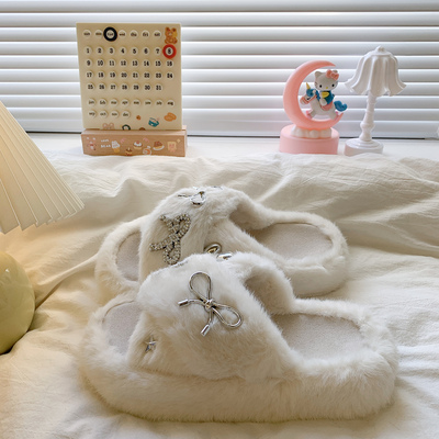 韩版高级感蝴蝶结毛毛鞋女2025秋冬新款外穿防滑增高厚底棉拖鞋潮