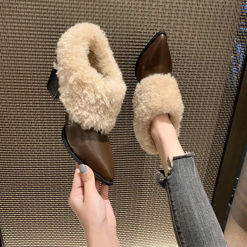 自留版~方头毛毛鞋一脚蹬复古加绒保暖玛丽珍小皮鞋棉鞋粗跟单鞋