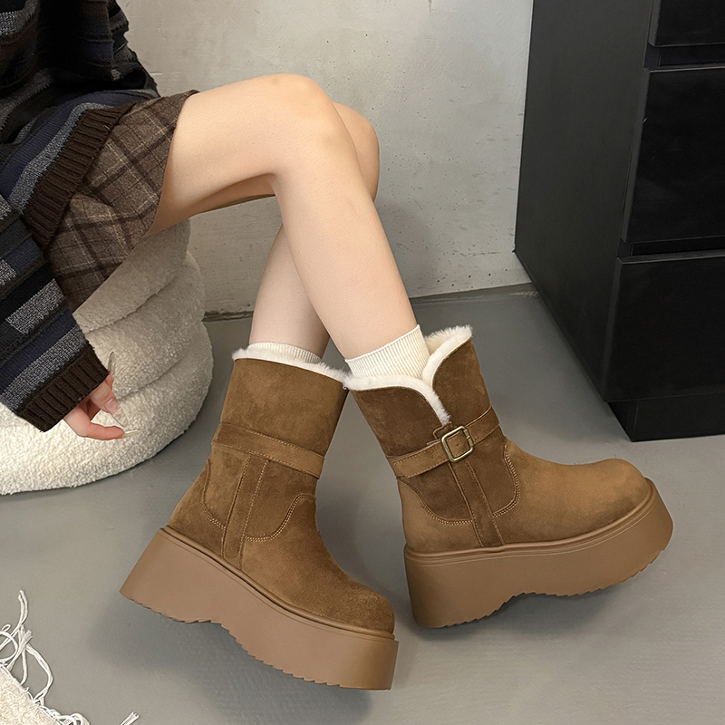 厚底加绒增高雪地靴女2025秋冬新款加厚中筒两穿皮带扣保暖棉鞋潮