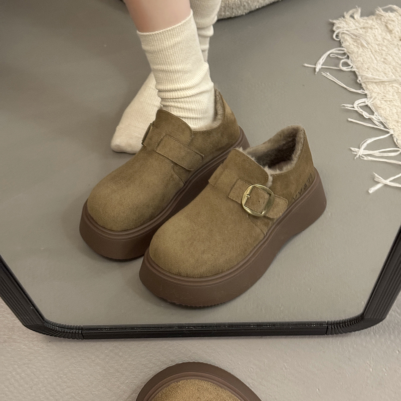 松糕厚底增高勃肯鞋女鞋2025新款秋冬雪地靴加绒乐福鞋毛毛二棉鞋