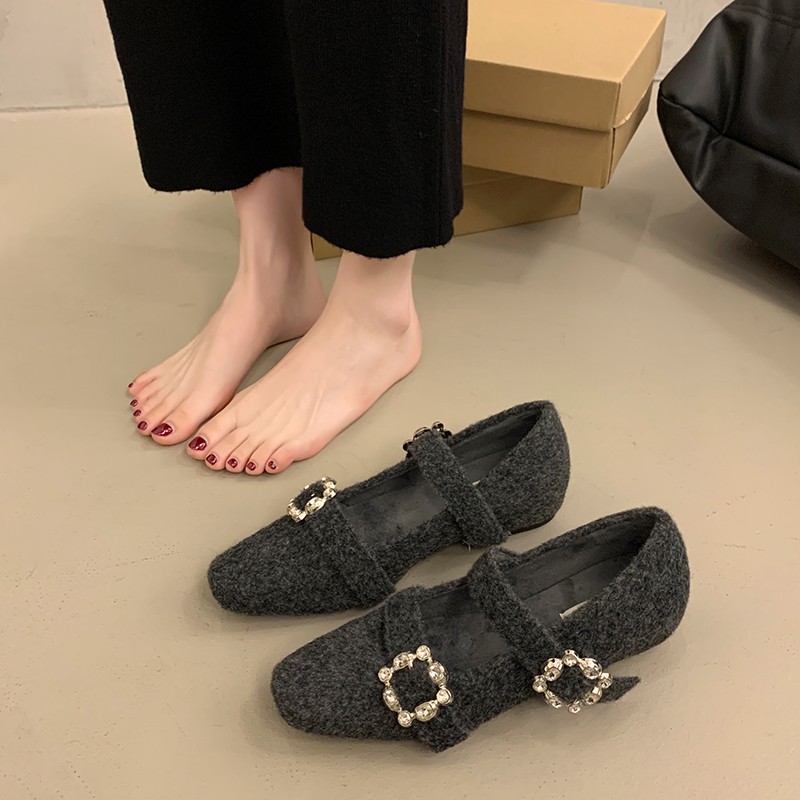 内增高水钻加绒单鞋女2025冬季新款法式玛丽珍毛毛鞋灰色毛呢棉鞋