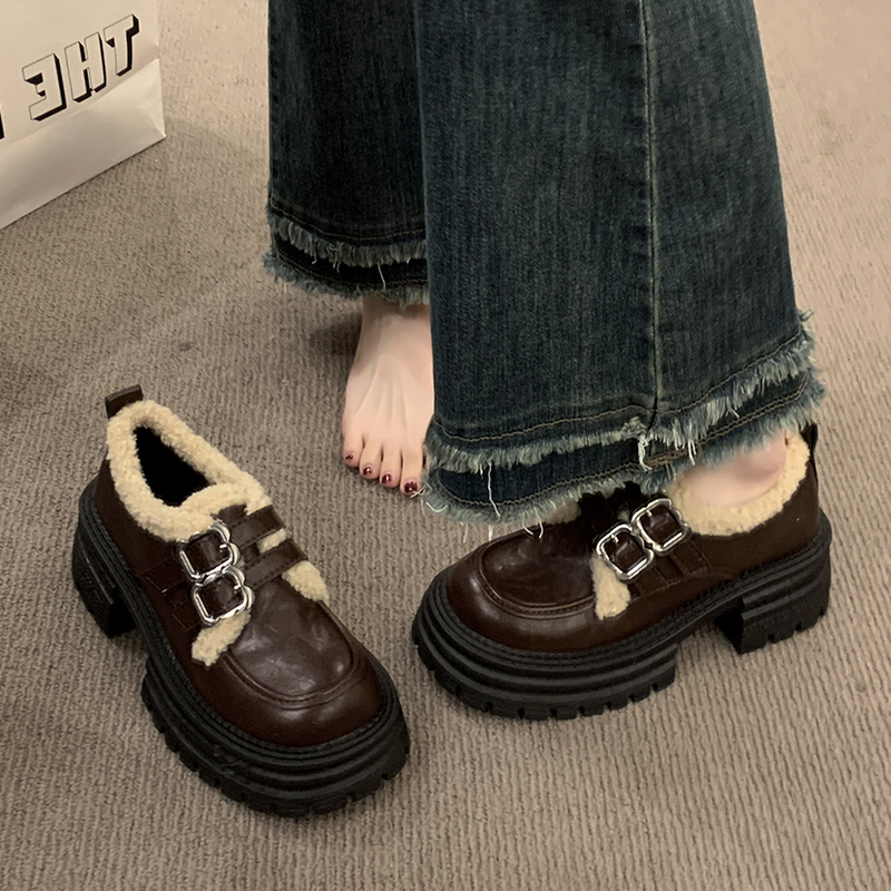 厚底加绒小皮鞋女2024秋冬新款法式复古英伦风乐福鞋保暖毛毛棉鞋