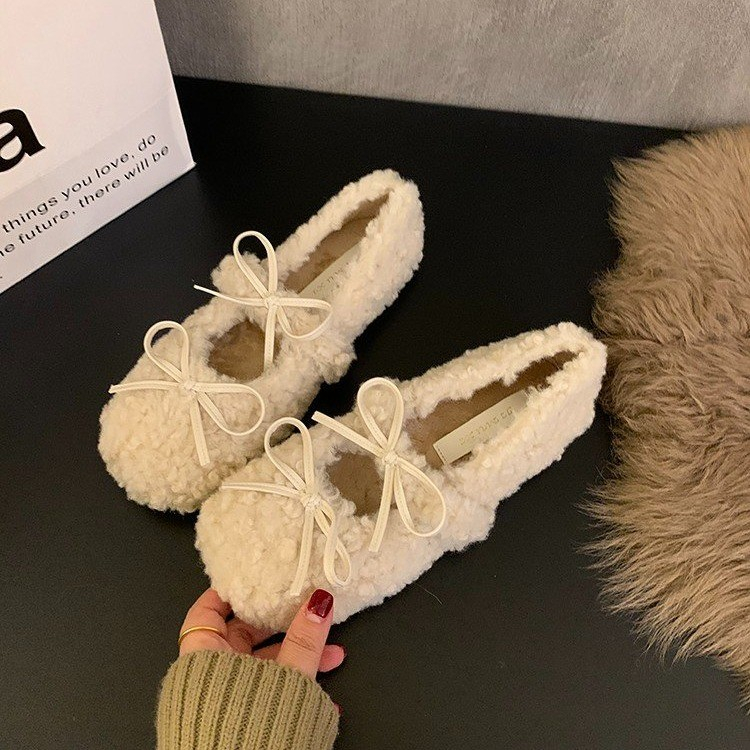 法式蝴蝶结女鞋晚晚鞋平底秋冬配裙子毛毛鞋女外穿加绒灰色单鞋女