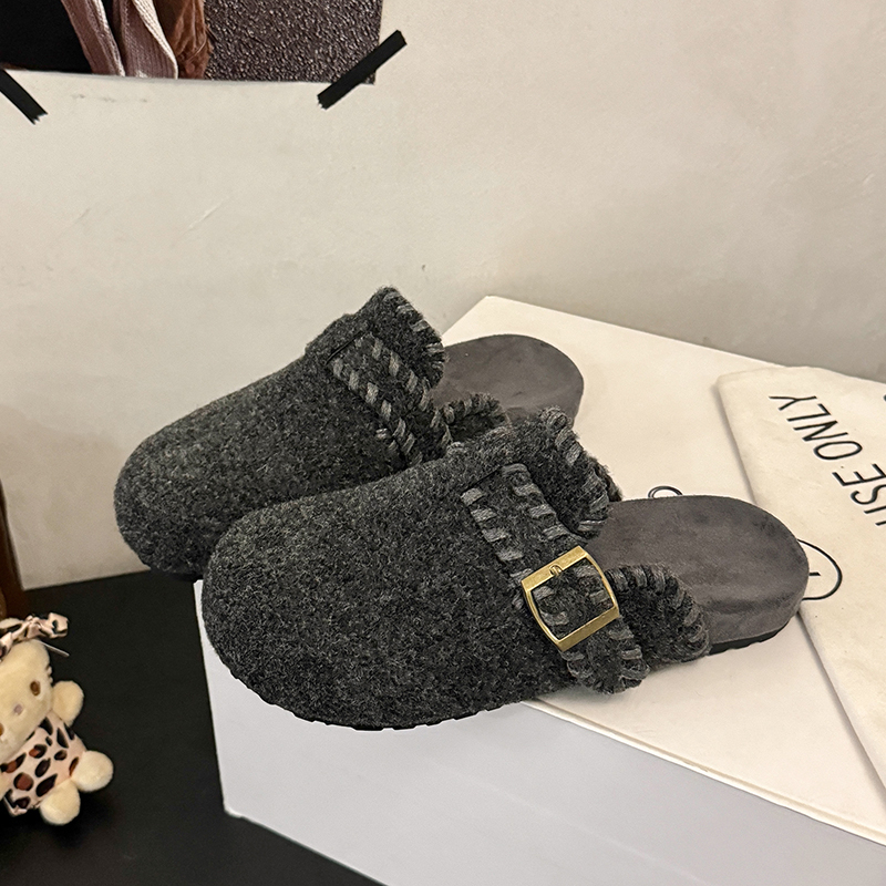 韩版复古晚晚风呢子包头半拖鞋女外穿一脚蹬厚底灰色毛毡勃肯鞋女