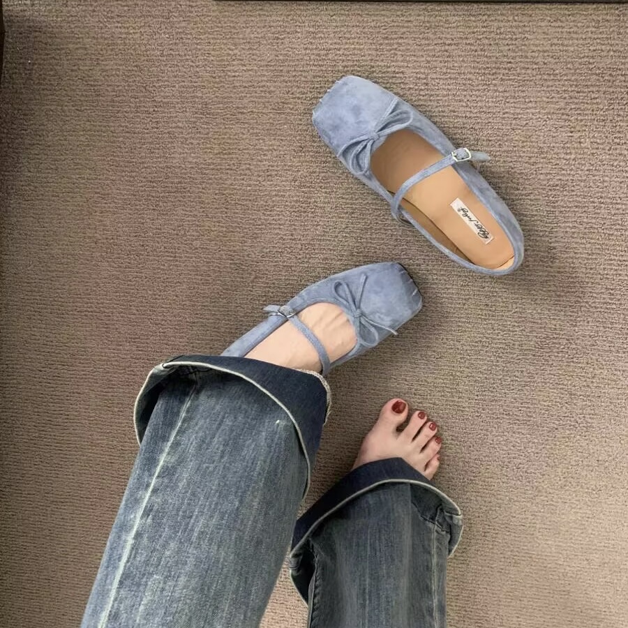 法式仙女风绒面方头单鞋女2025年春秋新款蝴蝶结通勤平底玛丽珍鞋