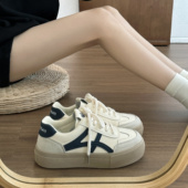 女春秋条纹鞋 厚底板鞋 2025新款 超火百搭小白鞋 小众休闲运动面包鞋