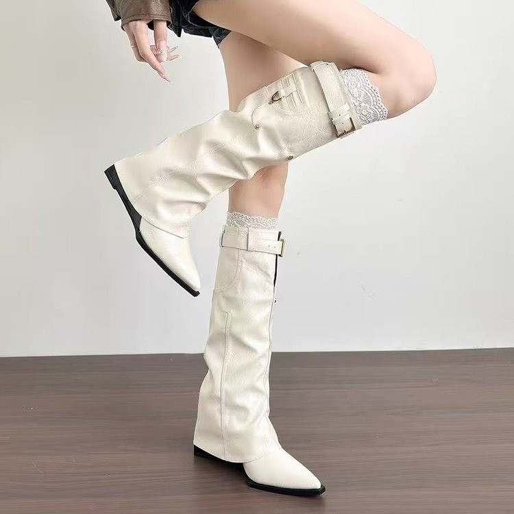 尖头坡跟长筒靴女小个子增高裤管靴大筒围不过膝高筒骑士靴机车靴