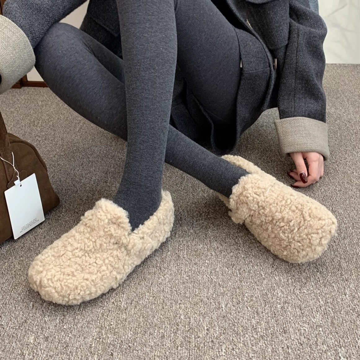 羊羔毛毛鞋女冬外穿新款温柔仙女风加绒保暖棉鞋一脚蹬平底豆豆鞋,女鞋,棉鞋,淘宝优惠券,粉丝福利购,淘宝优惠卷