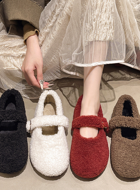 白色法式玛丽珍毛毛鞋女外穿加绒保暖秋冬季2025新款平底勃肯棉鞋