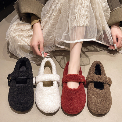 白色法式玛丽珍毛毛鞋女外穿加绒保暖秋冬季2025新款平底勃肯棉鞋