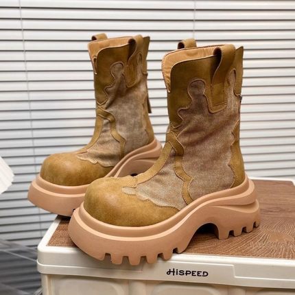 马丁靴女鞋2025新款牛仔拼接工装大黄靴机车靴小个子7cm增高短靴