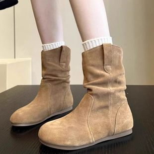 网红褶皱堆堆小短靴女款2025秋季新款平底磨砂短筒宽口圆头单靴子