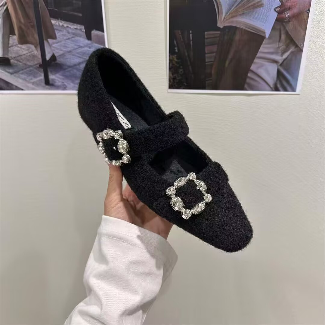 内增高水钻加绒单鞋女2025冬季新款法式玛丽珍毛毛鞋灰色毛呢棉鞋