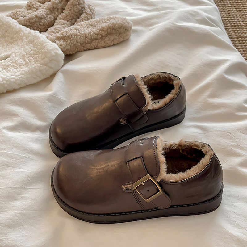 厚底皮面勃肯鞋女2025新款冬季加绒雪地靴博肯小皮鞋乐福毛毛棉鞋