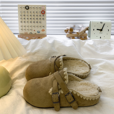 厚底加绒勃肯鞋加绒包头半拖鞋女外穿2025新款冬一脚蹬毛毛棉拖鞋