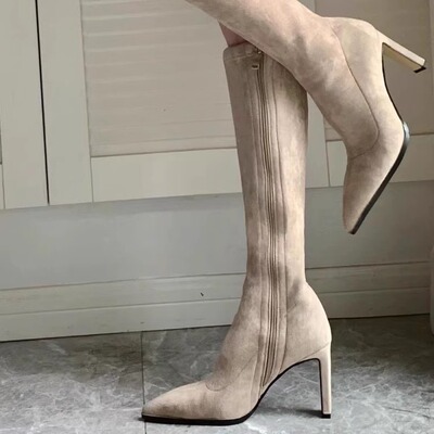 过膝长筒靴女2025新款秋冬加绒面靴子女高筒靴尖头高跟长靴瘦瘦靴