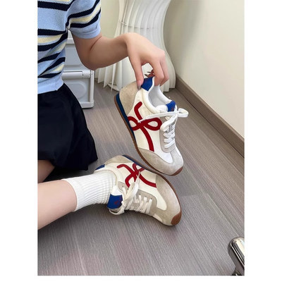 内增高版皮质小个子厚底德训鞋女休闲鞋2025新款歪头鸳鸯带阿甘鞋