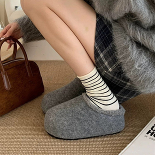 厚底内增高勃肯鞋女2025秋冬新款包头半拖鞋外穿灰色加绒毛呢单鞋