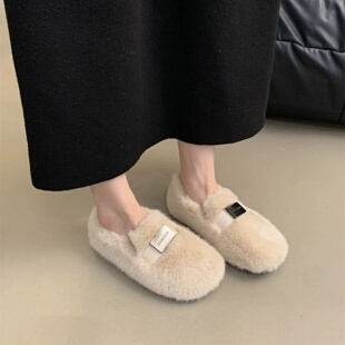 水貂毛毛鞋女冬外穿2026新款韩版仙女平底一脚蹬豆豆鞋女加绒棉鞋