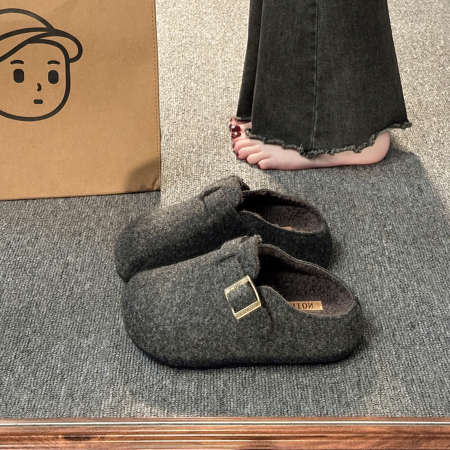 5CM增高版~厚底毛呢子勃肯鞋加绒包头半拖鞋女秋冬灰色毛毛鞋棉鞋,女鞋,勃肯鞋/软木鞋,淘宝优惠券,粉丝福利购,淘宝优惠卷