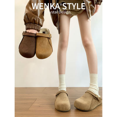 厚底内增高加绒包头半拖鞋女外穿2025秋冬新款两穿博肯单鞋勃肯鞋