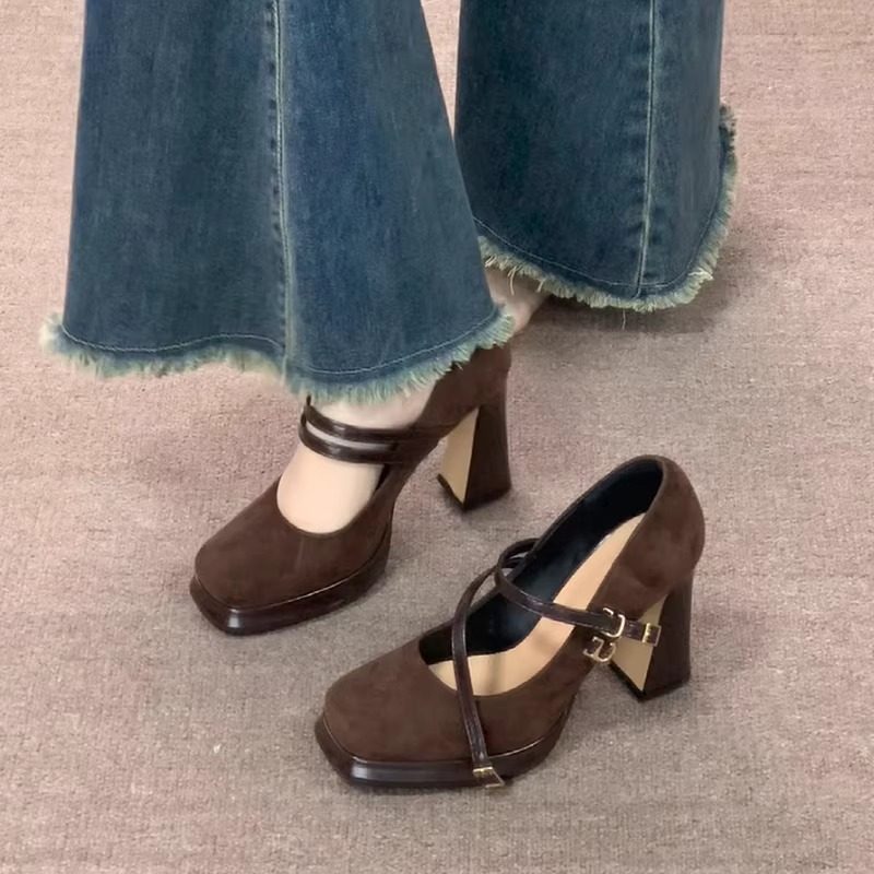 2026春秋季新款复古棕色高跟鞋女粗跟一字带方头小个子单鞋玛丽珍,女鞋,浅口单鞋,淘宝优惠券,粉丝福利购,淘宝优惠卷