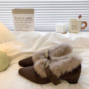 内增高6CM加绒勃肯棉鞋女秋冬季外穿高跟毛毛鞋保暖乐福毛绒单鞋