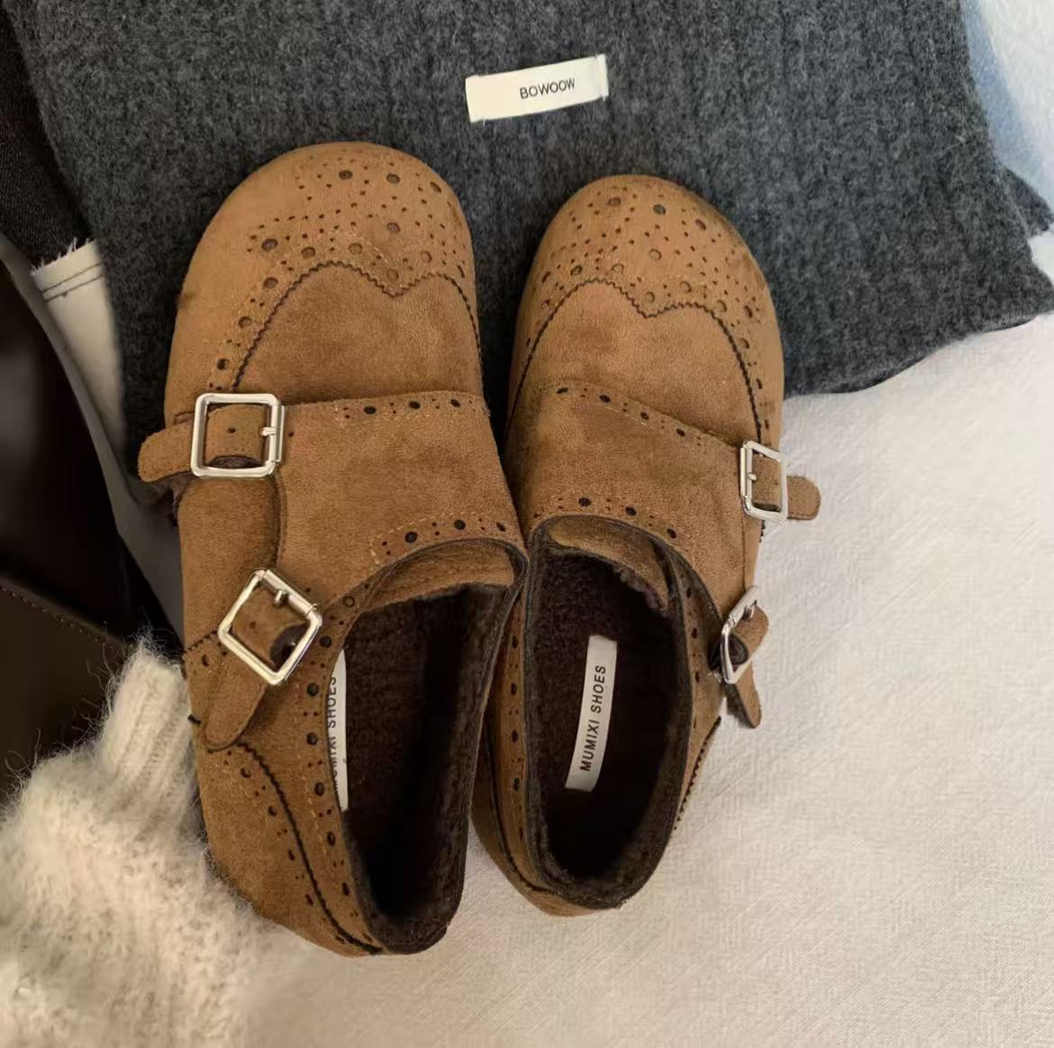 布洛克复古雕花加绒乐福鞋女2025秋冬新款勃肯鞋黑色小皮鞋棉鞋子