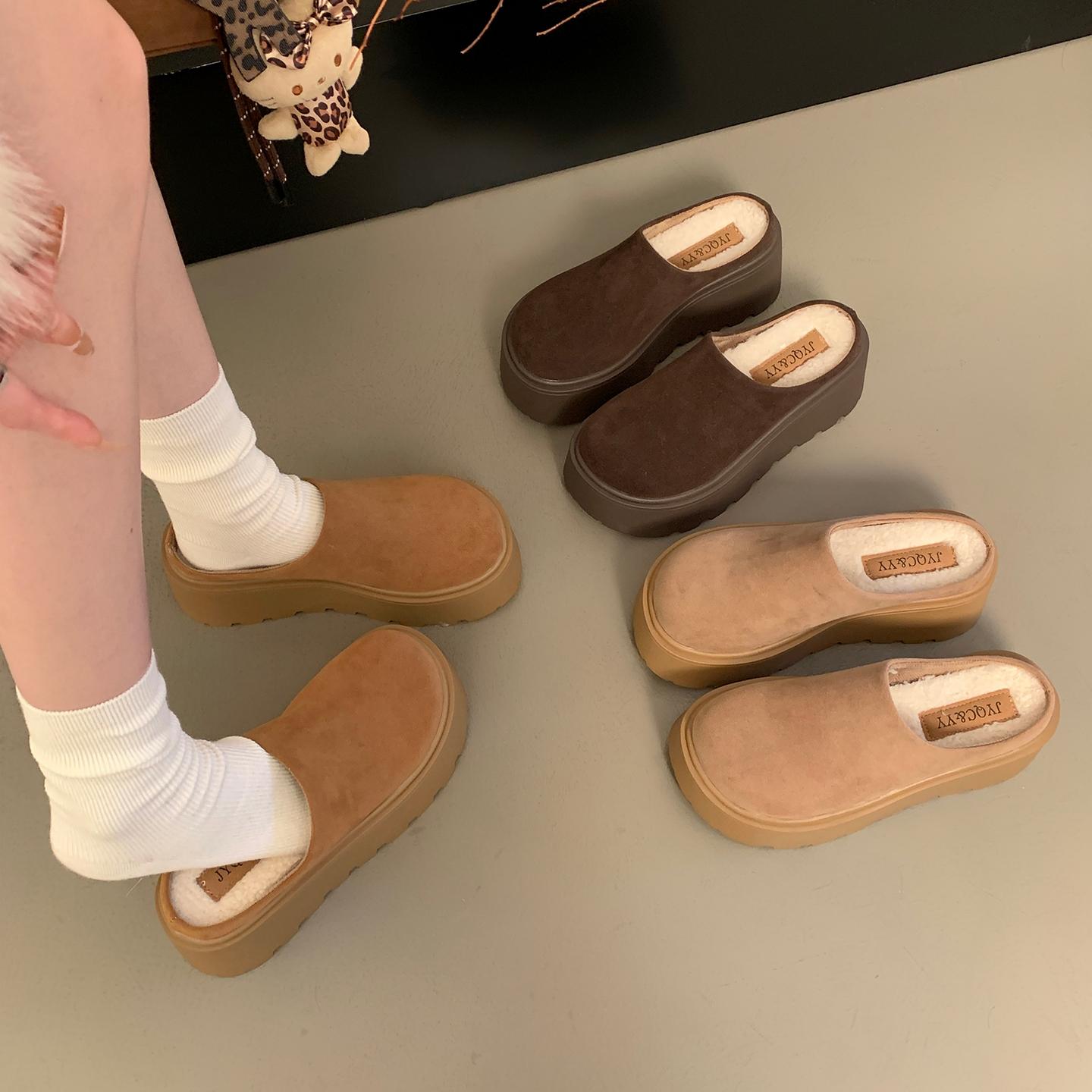 松糕厚底增高勃肯鞋女加绒包头半拖鞋外穿2025新款秋冬毛毛棉拖鞋