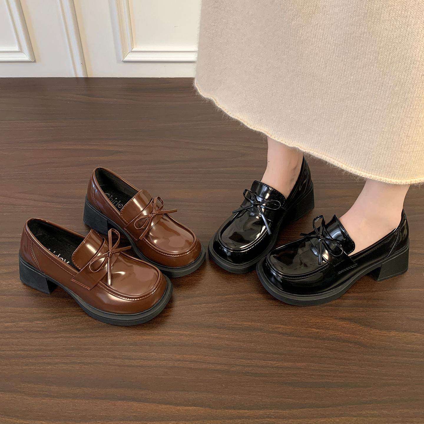 百搭黑色英伦风圆头粗高跟小皮鞋女2025新款秋季配裙子增高乐福鞋,女鞋,玛丽珍鞋,淘宝优惠券,粉丝福利购,淘宝优惠卷