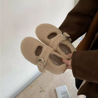 复古加绒内增高玛丽珍鞋女鞋2025冬季新款厚底勃肯鞋保暖毛毛棉鞋