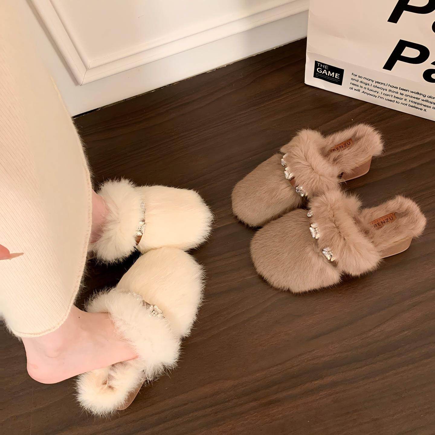 小香风水钻包头毛毛拖鞋女外穿2025新款秋冬厚底增高居家保暖棉拖,女鞋,毛毛鞋,淘宝优惠券,粉丝福利购,淘宝优惠卷