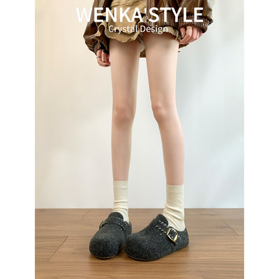 复古呢子包头半拖鞋女外穿2025秋冬新款一脚蹬厚底灰色毛毡勃肯鞋