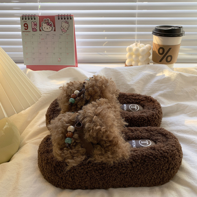 厚底增高毛毛拖鞋女外穿2025新款秋冬小个子洋卷毛加绒一字棉拖鞋