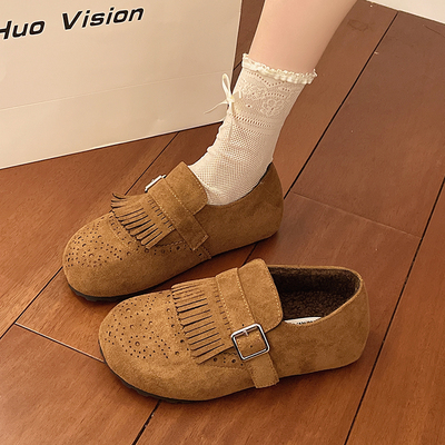 流苏复古加绒勃肯鞋女2025冬季新款厚底豆豆鞋玛丽珍鞋灰色毛毛鞋