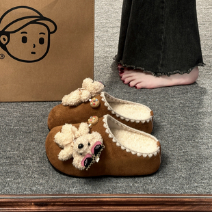 复古卡通勃肯鞋加绒包头半拖鞋女外穿2025新款秋冬厚底内增高棉拖