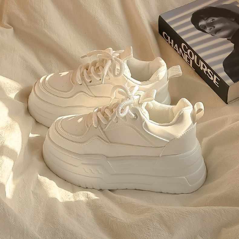 白色运动鞋女大学生高中生松糕厚底小白鞋圆头系带面包板鞋休闲鞋