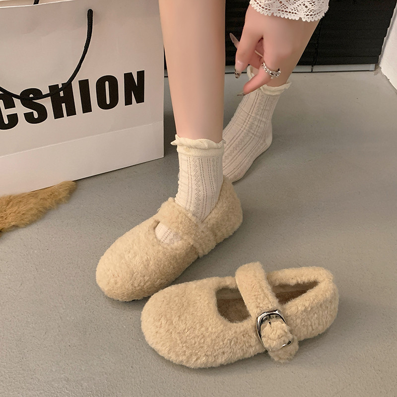 时尚复古风圆头一字扣毛毛玛丽珍鞋女2025秋冬新款仙女风温柔单鞋,女鞋,棉鞋,淘宝优惠券,粉丝福利购,淘宝优惠卷