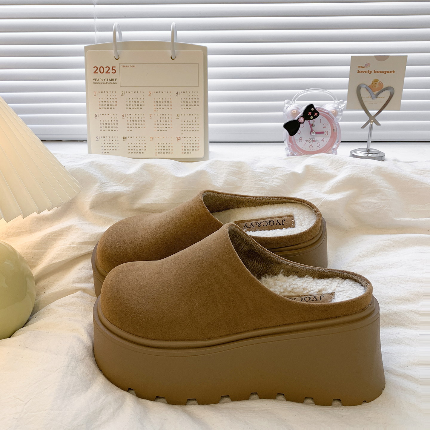 松糕厚底增高勃肯鞋女加绒包头半拖鞋外穿2025新款秋冬毛毛棉拖鞋