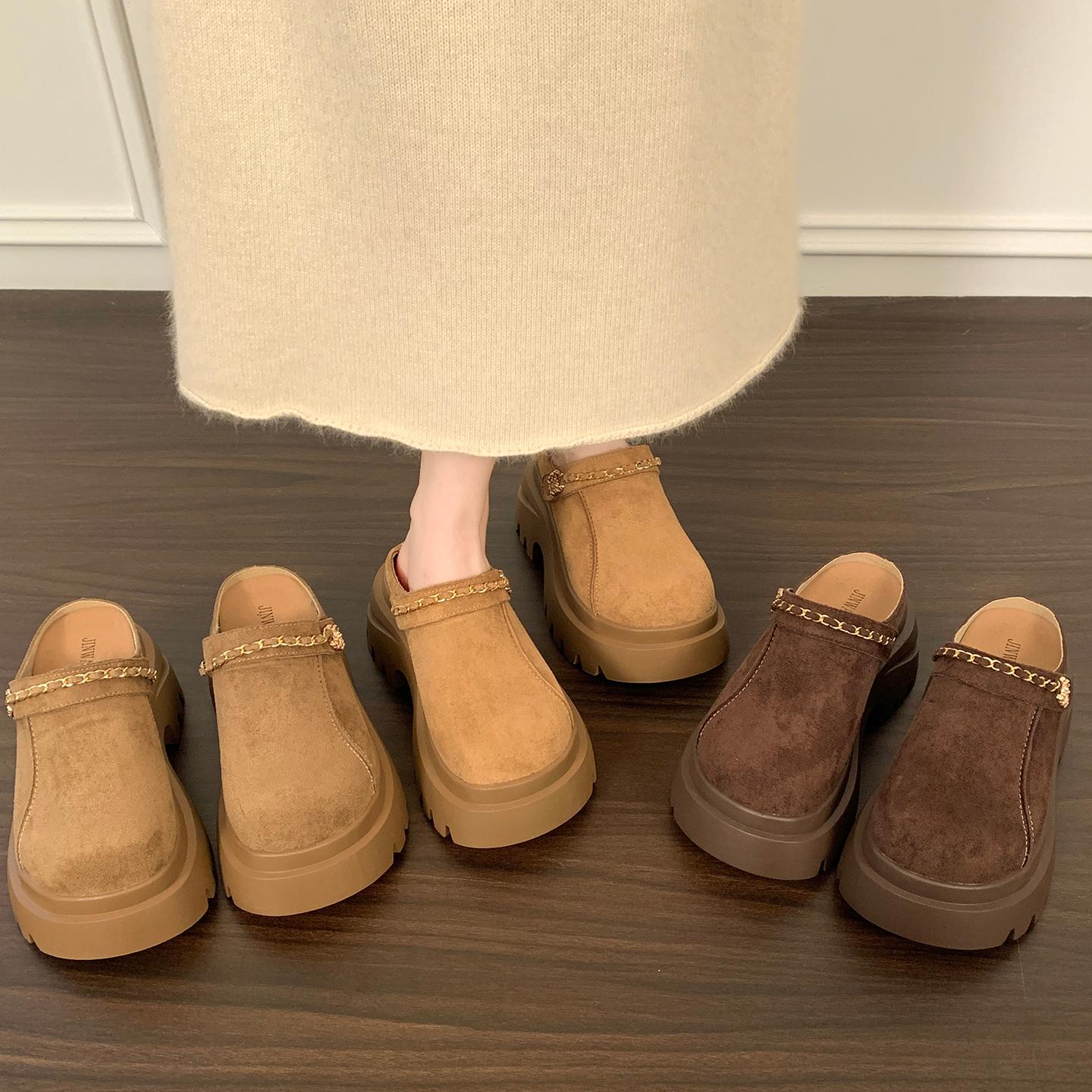 网红同款包头半拖鞋厚底增高勃肯鞋女外穿复古穆勒鞋懒人包头棉拖