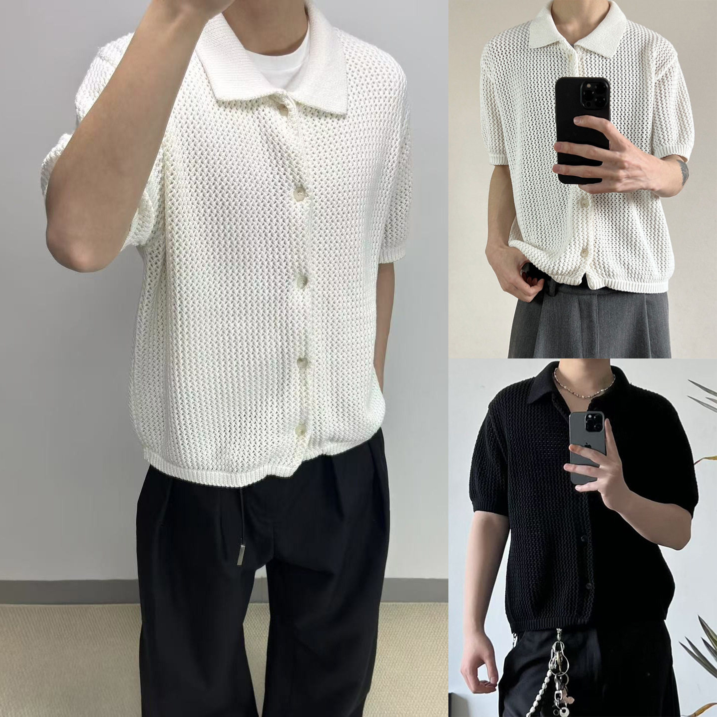 夏季爆款POLO衫翻领开衫短袖针织衫男镂空冰丝夏季T恤商务潮跨境