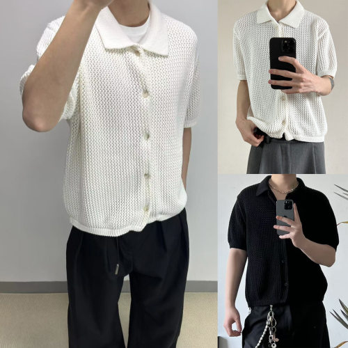 夏季爆款POLO衫翻领开衫短袖针织衫男镂空冰丝夏季T恤商务潮跨境