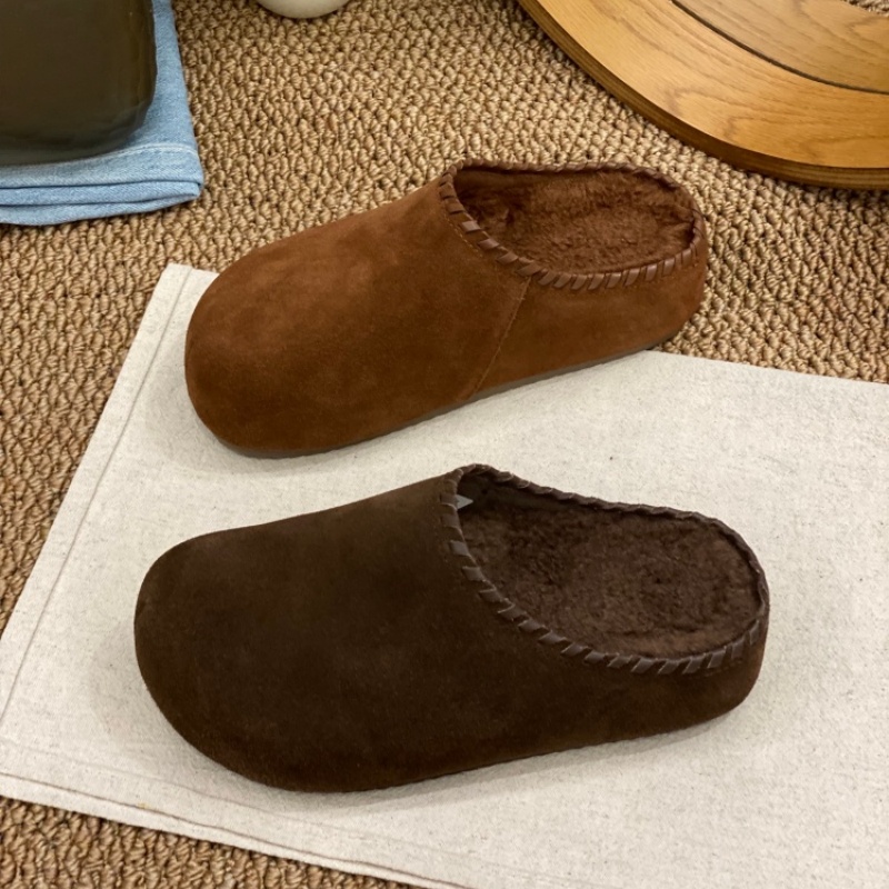 勃肯鞋女2025秋冬新款磨砂加绒一脚蹬百搭平底舒适保暖懒人半拖鞋