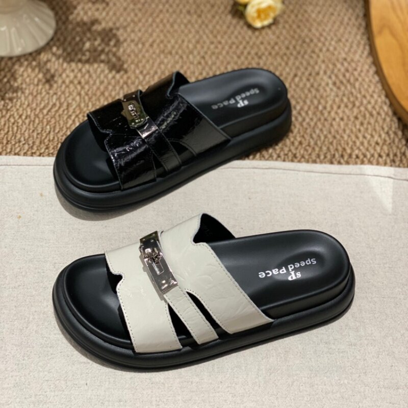 夏季真皮厚底防滑女拼色一字拖
