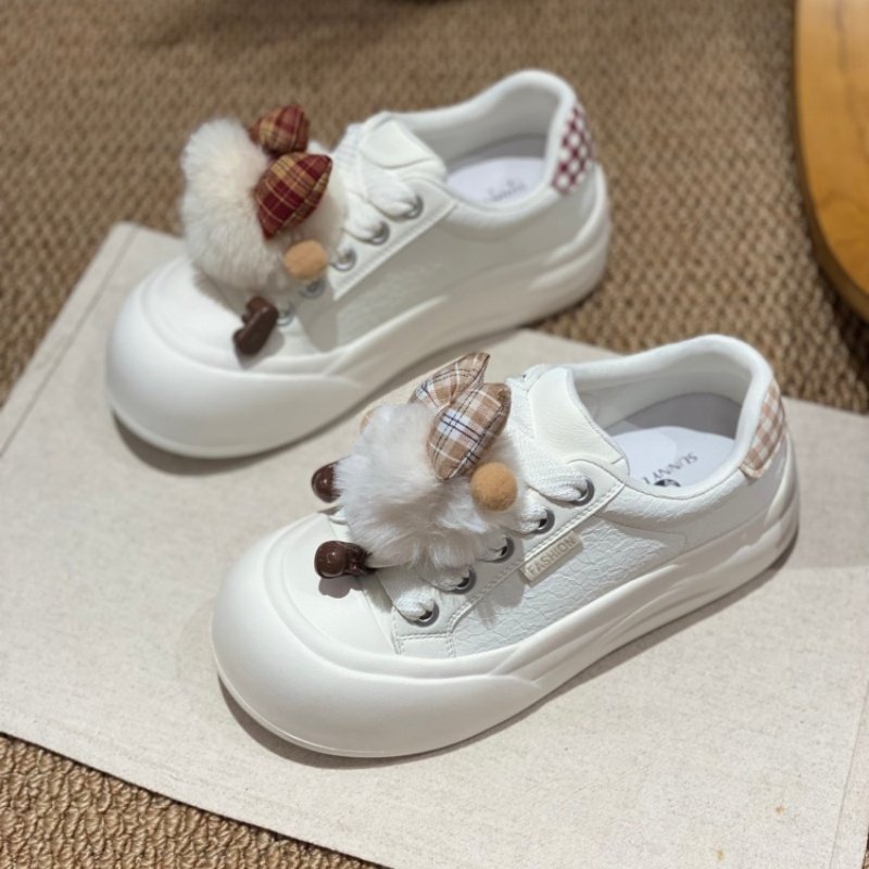 2026春季爆款可爱卡通毛球厚底小白鞋女圆头防滑系带休闲鞋轻便女,女鞋,时尚休闲鞋,淘宝优惠券,粉丝福利购,淘宝优惠卷