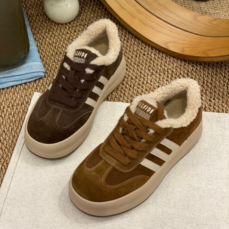 2025秋冬款加绒厚底德训鞋女羊羔毛保暖磨砂皮棉鞋三条杠休闲鞋女