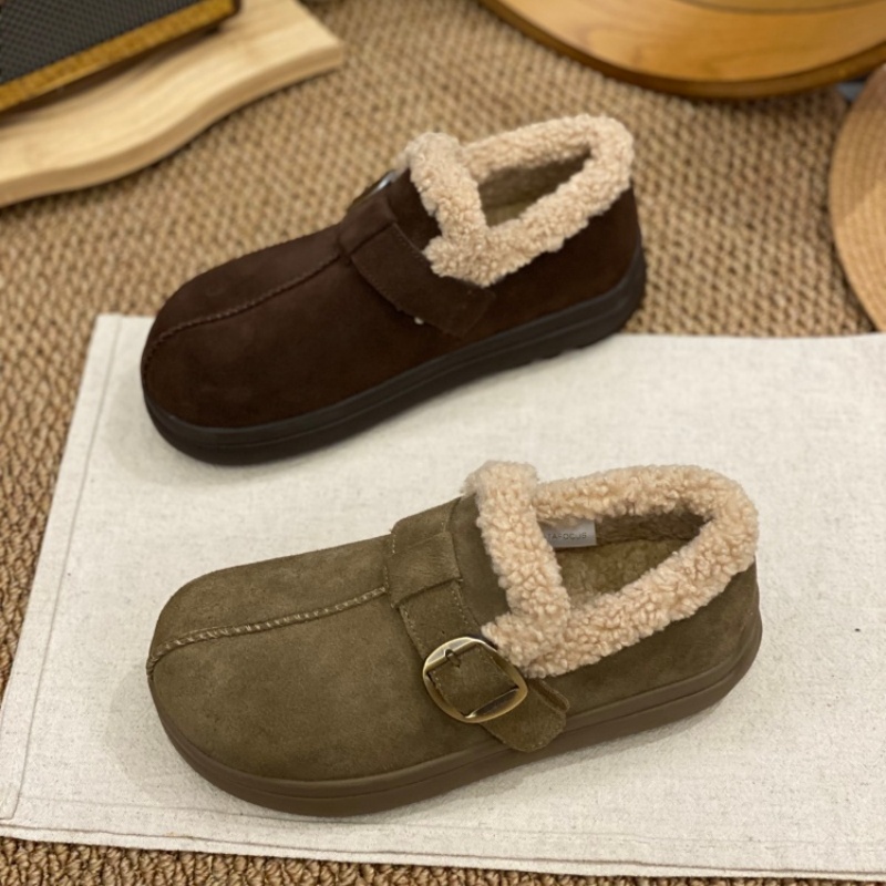 反绒皮勃肯鞋女2025冬季新款加绒一脚平底蹬懒人鞋保暖毛绒棉鞋女