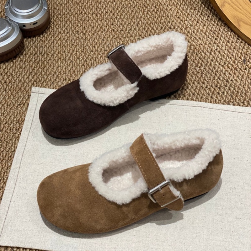 2025新款反绒皮毛绒勃肯鞋女一字扣带平底加绒浅口玛丽珍鞋单鞋女