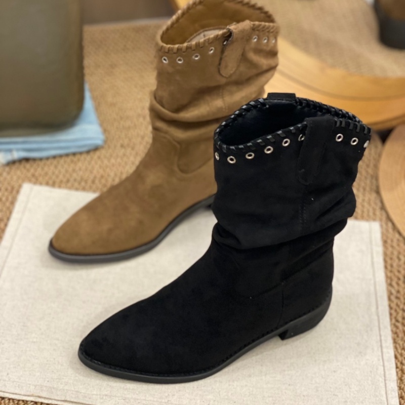 新款2025秋冬季英伦风褶皱铆钉堆堆靴女绒面磨砂尖头瘦瘦靴短靴女